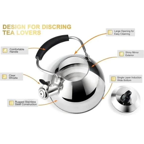 Tea Kettle Stovetop 2.64QT Whistling Stainless Steel Cool Grip Bakelite Handle - Picture 6 of 12